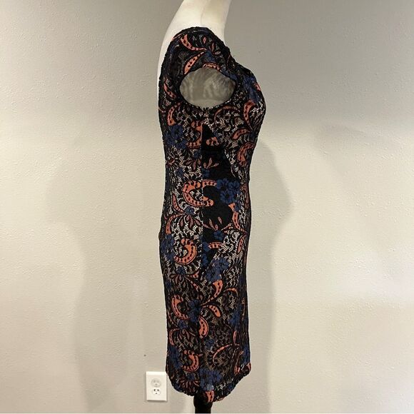 Mystic Black and Orange lace Sheath Midi Dress with Cap Sleeves size extra small - Picture 5 of 13